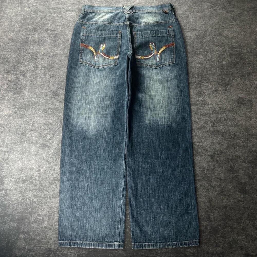 Vintage 5ive Jungle & Co Men’s 38 Baggy Wide Leg Jeans Blue Embroidered Pockets